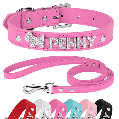 Personalized Leather Dog Collar Leash Set