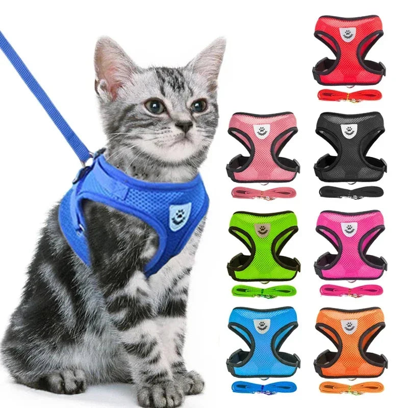 "Adjustable mesh cat harness and leash set"